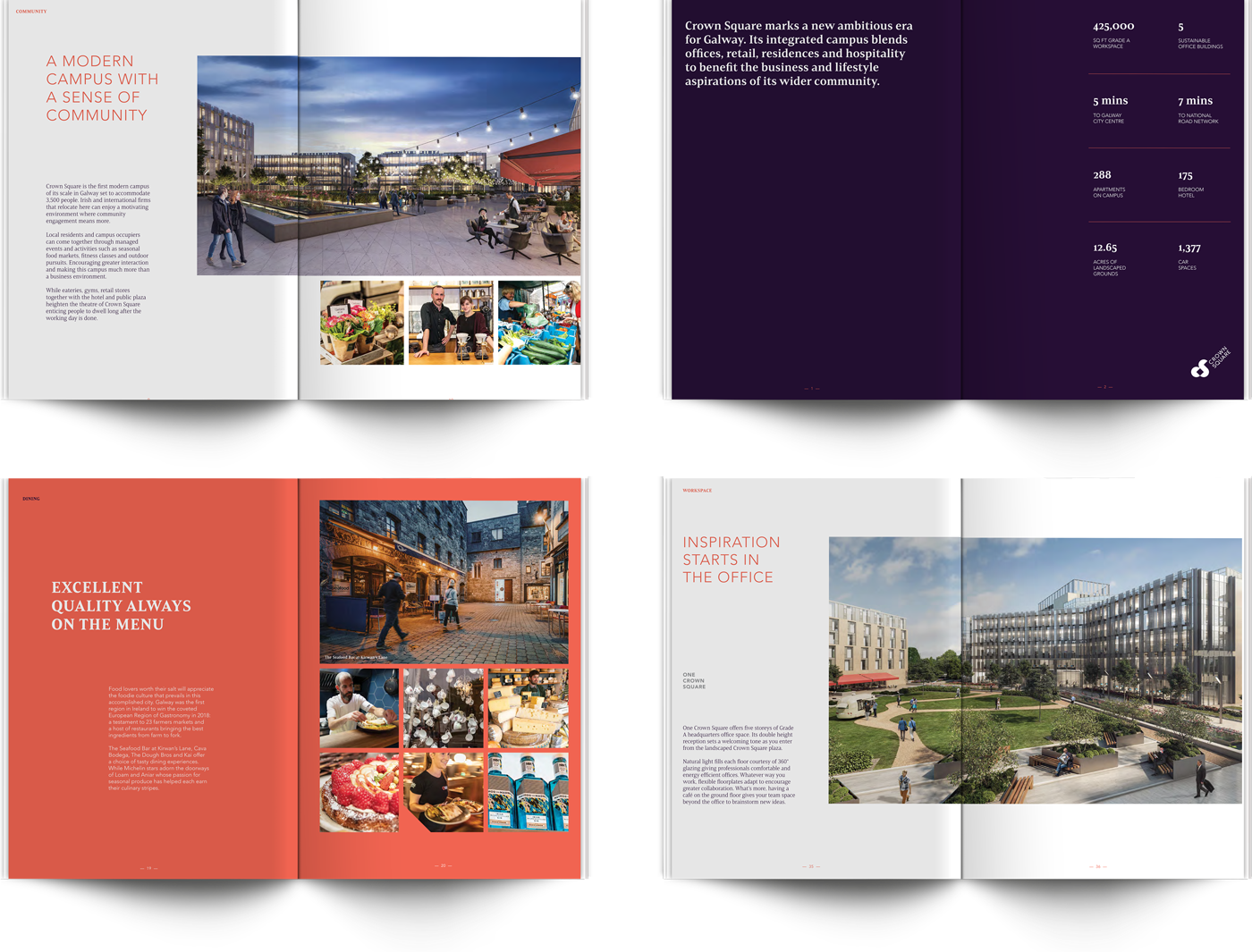 Layout of four example information brochures designed by Originate for Crown Square
