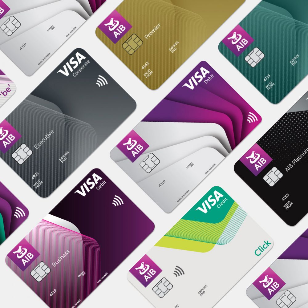 Collage of debit and credit cards custom designed for AIB Ireland