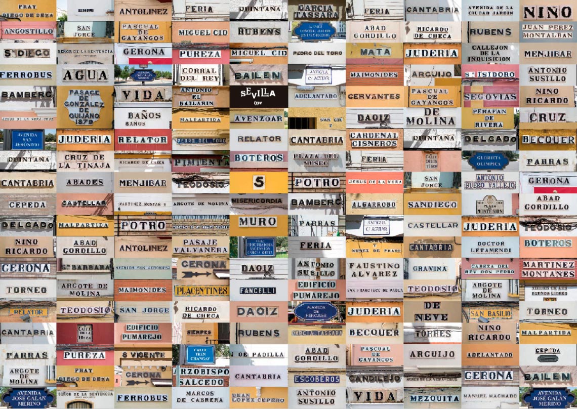 Photo collage of different words written in Sevilla type