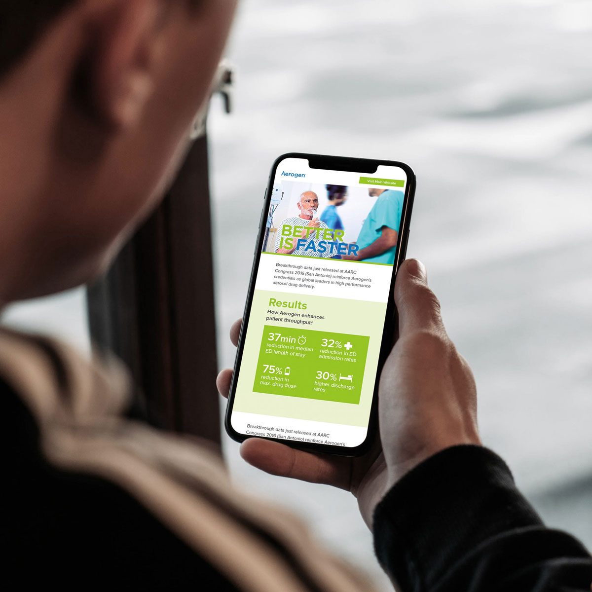 Man browsing Aerogen website on mobile phone