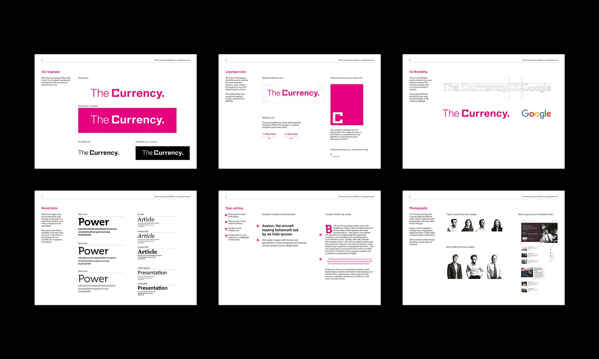 Collage of design guidelines for brand redesign for the Currency in Ireland