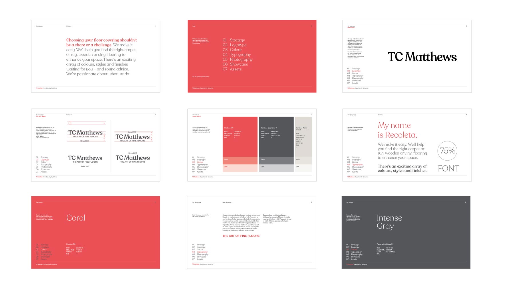 Mockup of brand guidelines for TC Matthews rebrand, including typefaces and color palettes