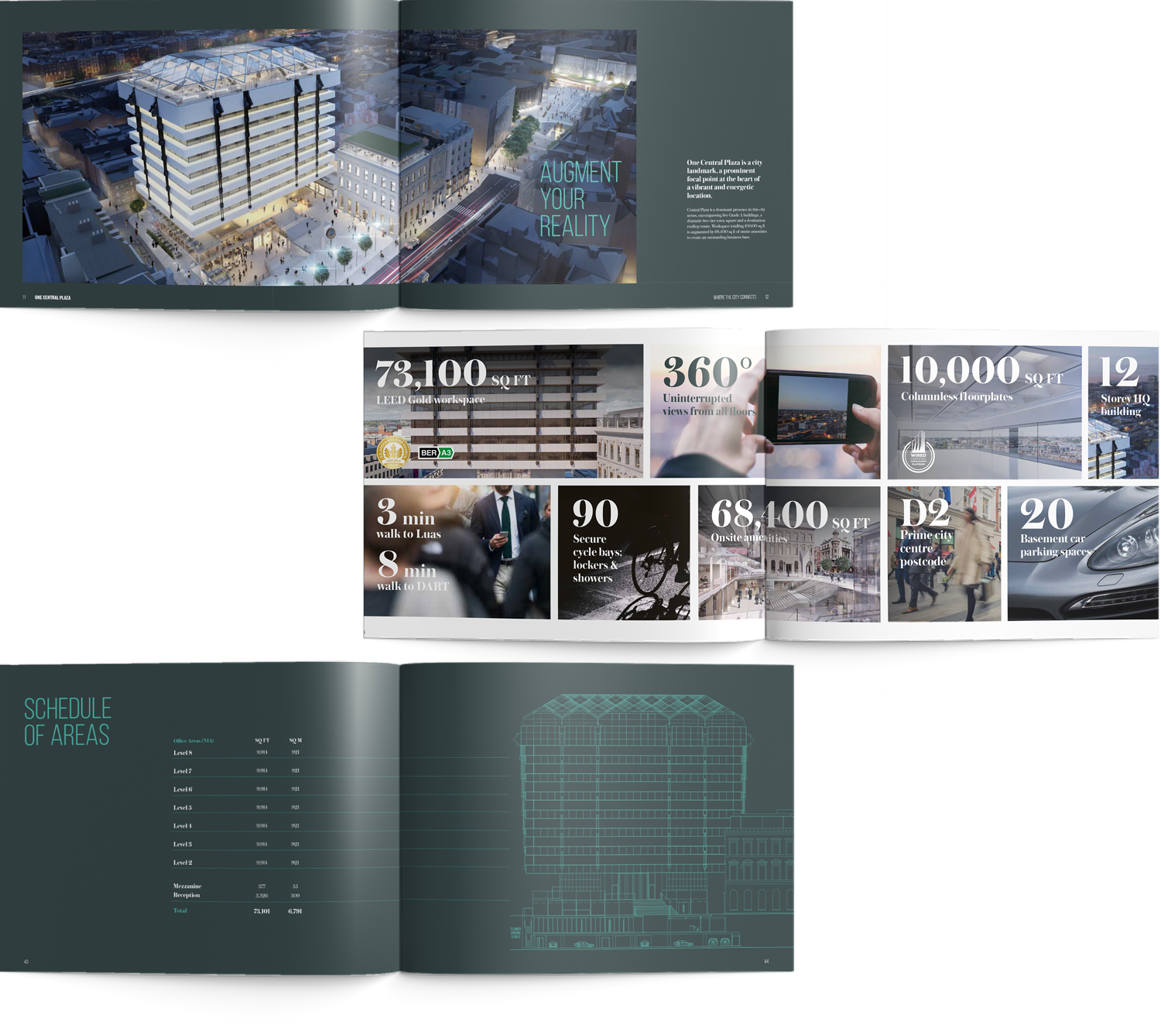 Layout of three different example spreads for brochures for Central Plaza marketing campaign