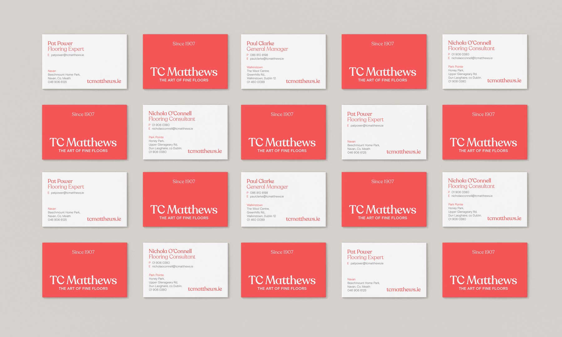 Collage of business cards designed for TC Matthews to match custom rebrand