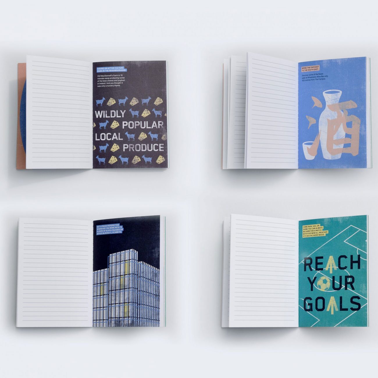 Four notebooks custom designed for office spaces in Dublin, Ireland