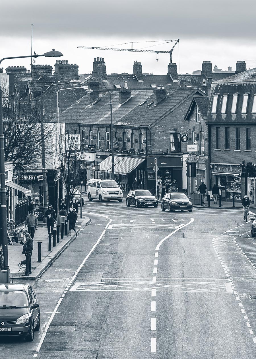 Photograph of Dublin street in black and white