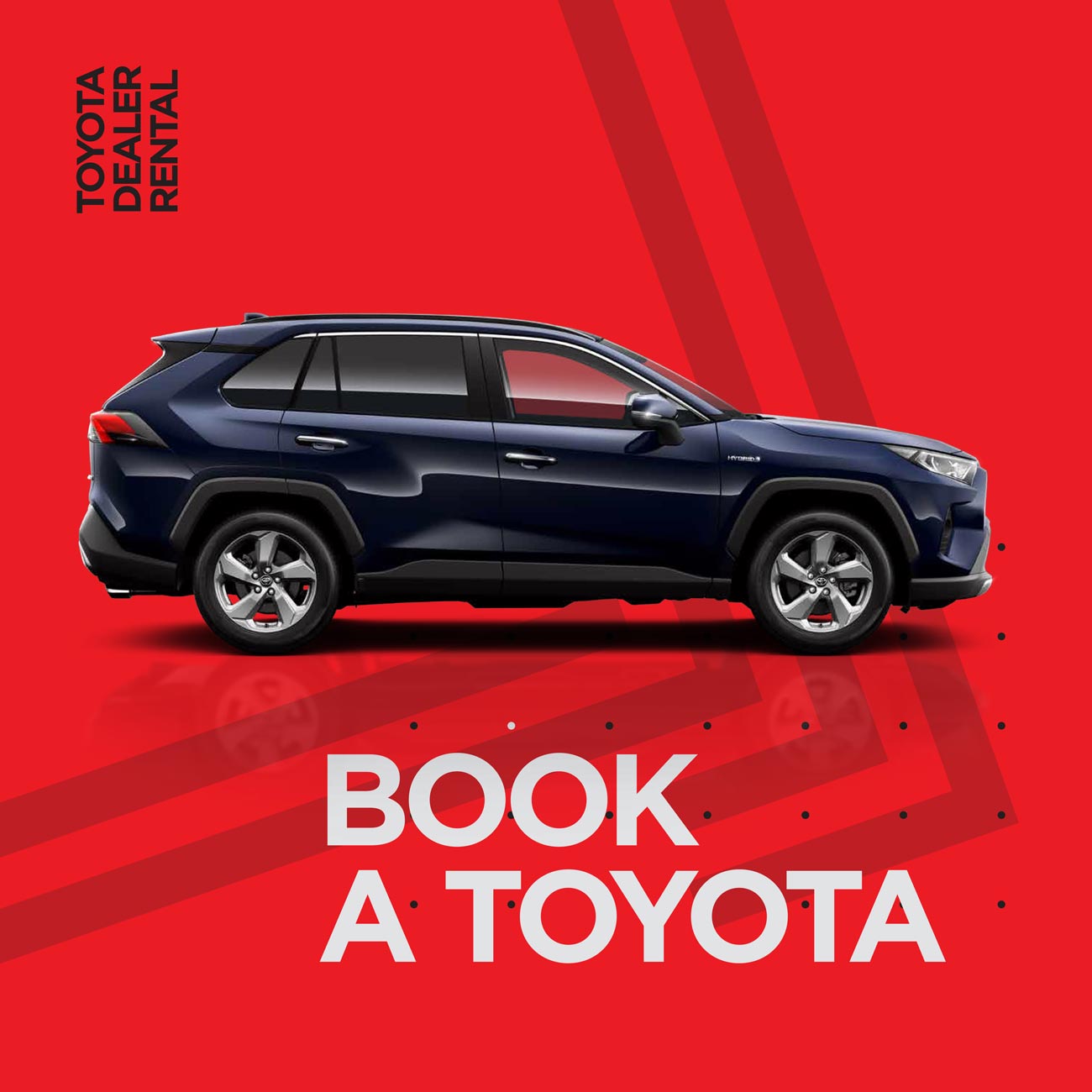 Example branded social media post for Toyota Dealer Rental, displaying black car and "Book a Toyota" text