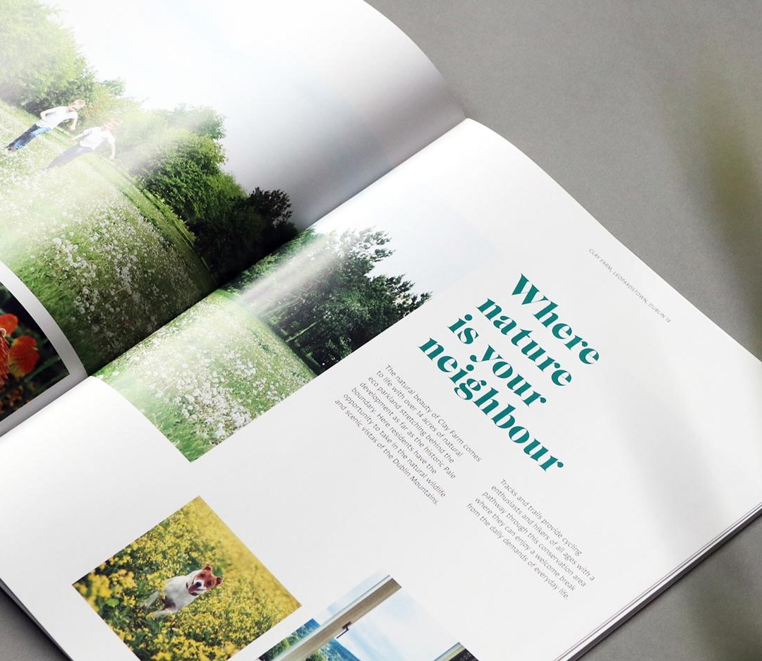 "Where nature is your neighbor" page in branded magazine for Clay Farm