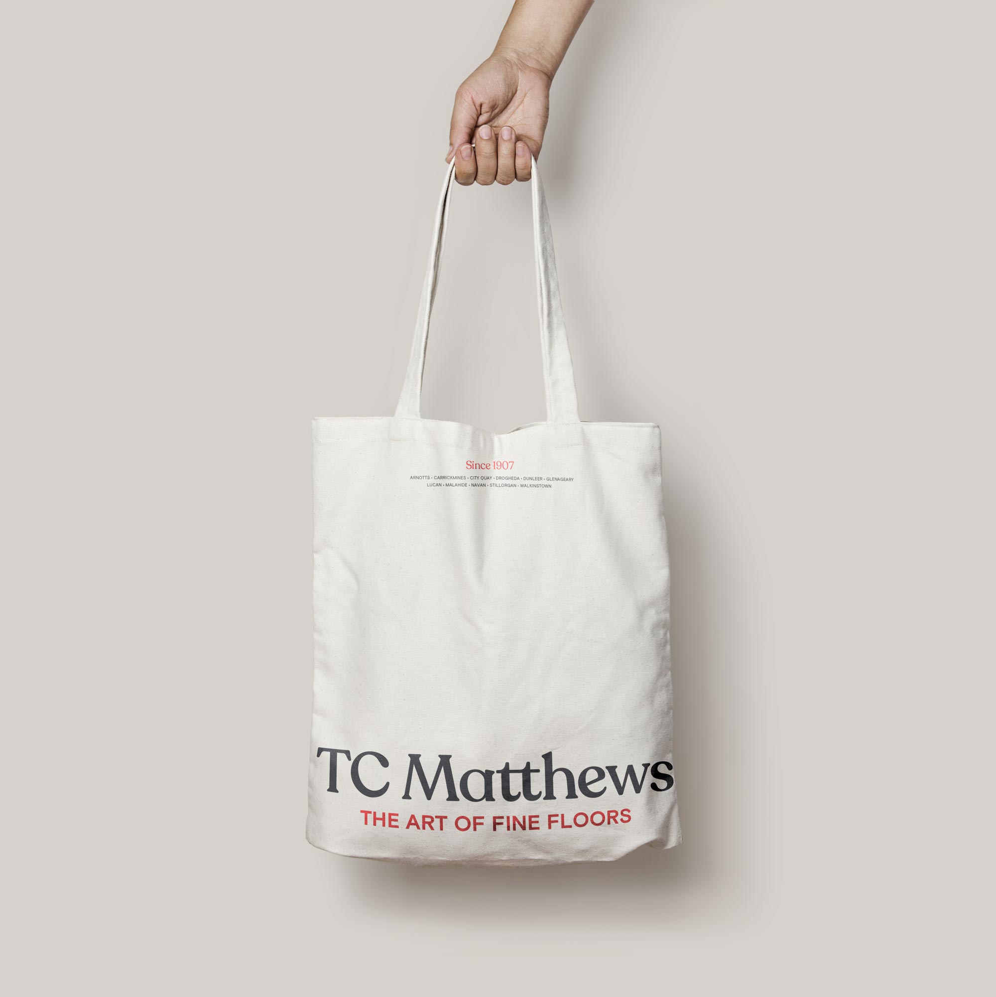 Brand design for TC Matthews, logo and branding on tote bag