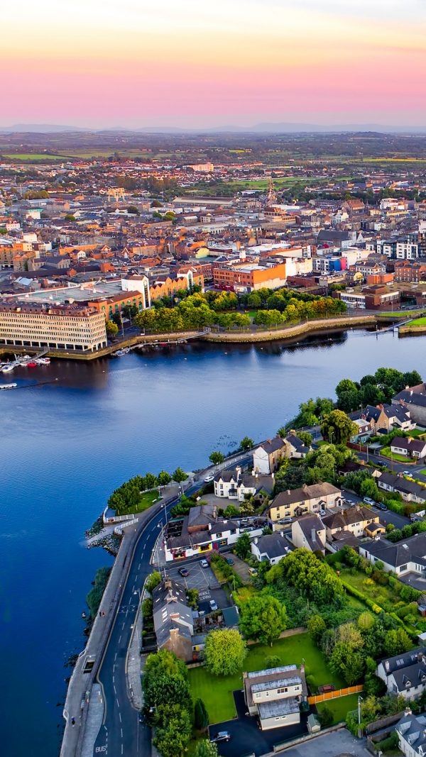 Aerial view of Limerick, Ireland at sunset